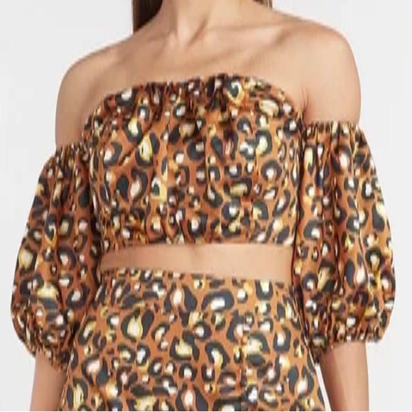 Express Tops - NWOT Express x Lady Gang Leopard Off Shoulder Black Gold Satin-Like Crop Top XL